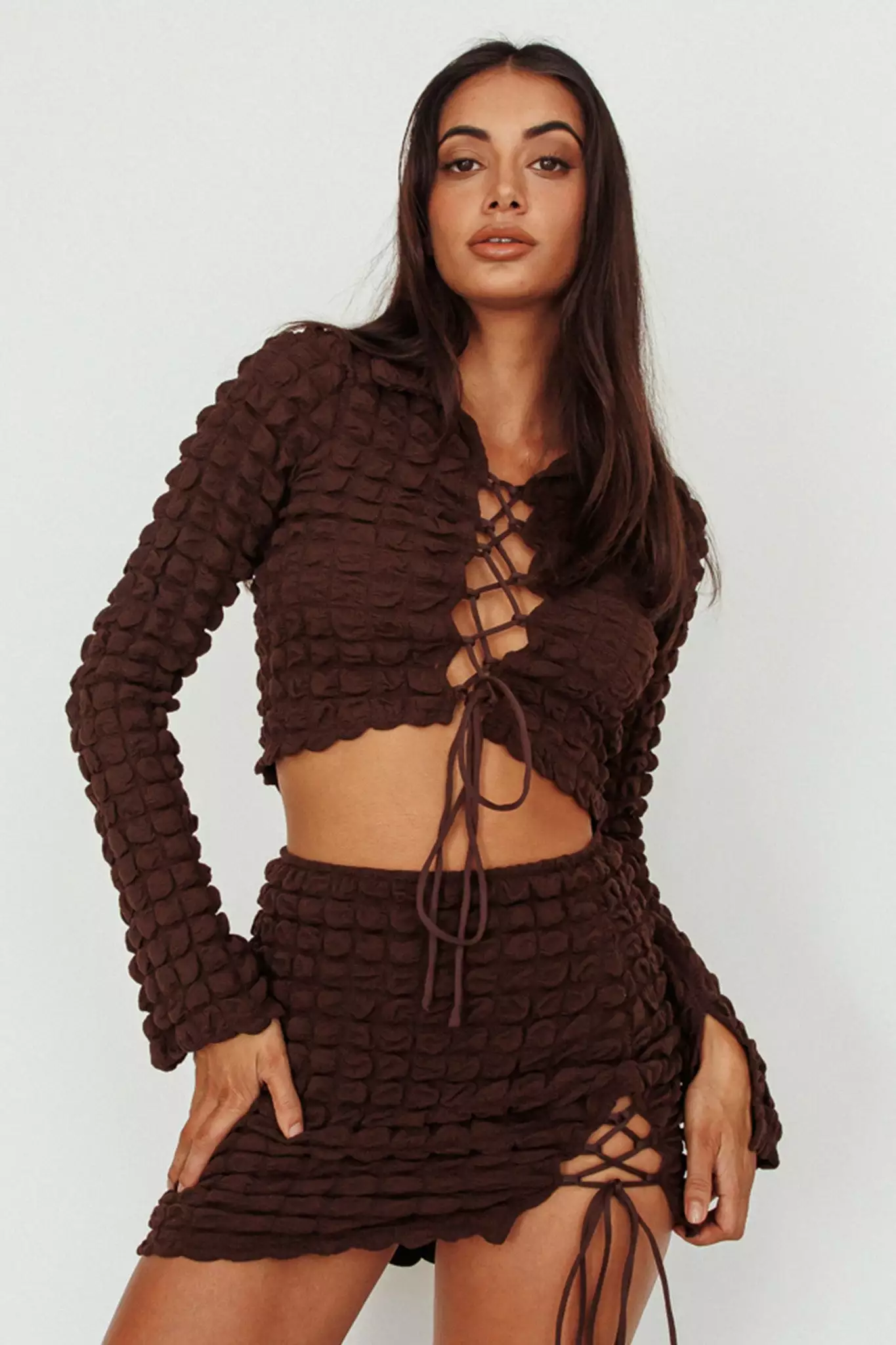 Selfie Leslie Josseline Long Sleeve Crop Top Chocolate