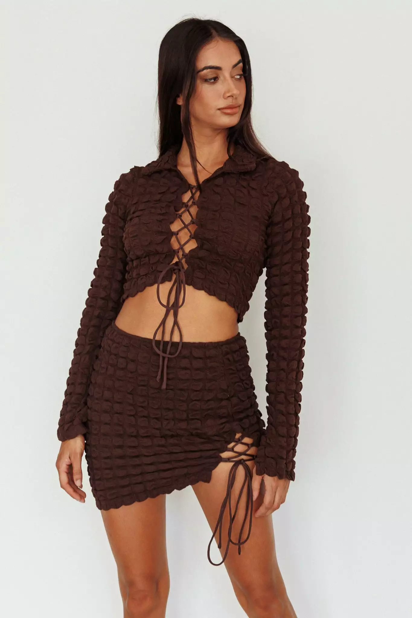 Selfie Leslie Josseline Long Sleeve Crop Top Chocolate - Image 5