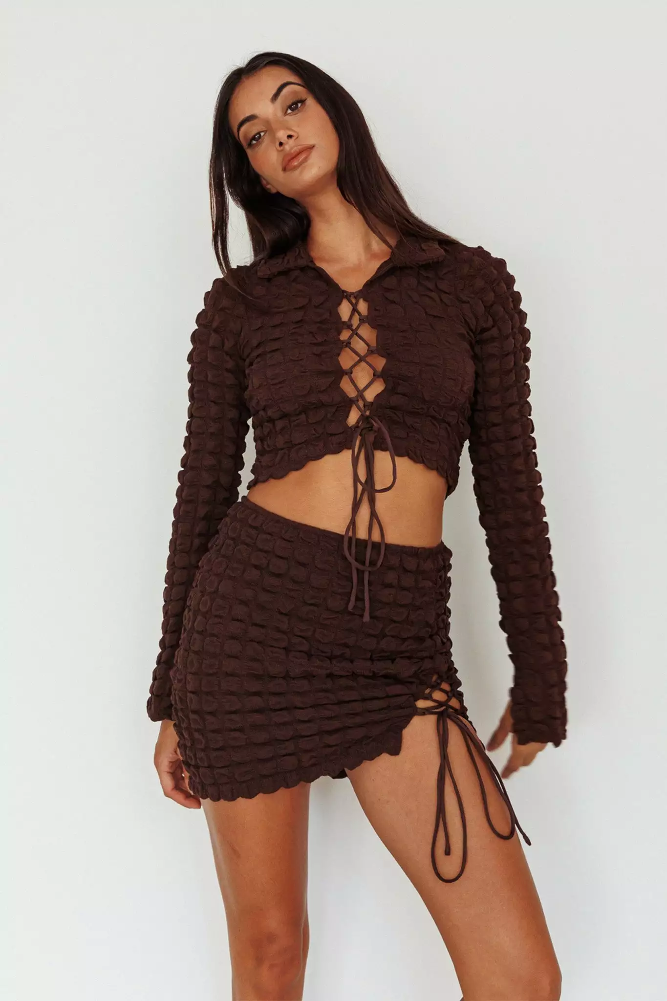 Selfie Leslie Josseline Long Sleeve Crop Top Chocolate - Image 7
