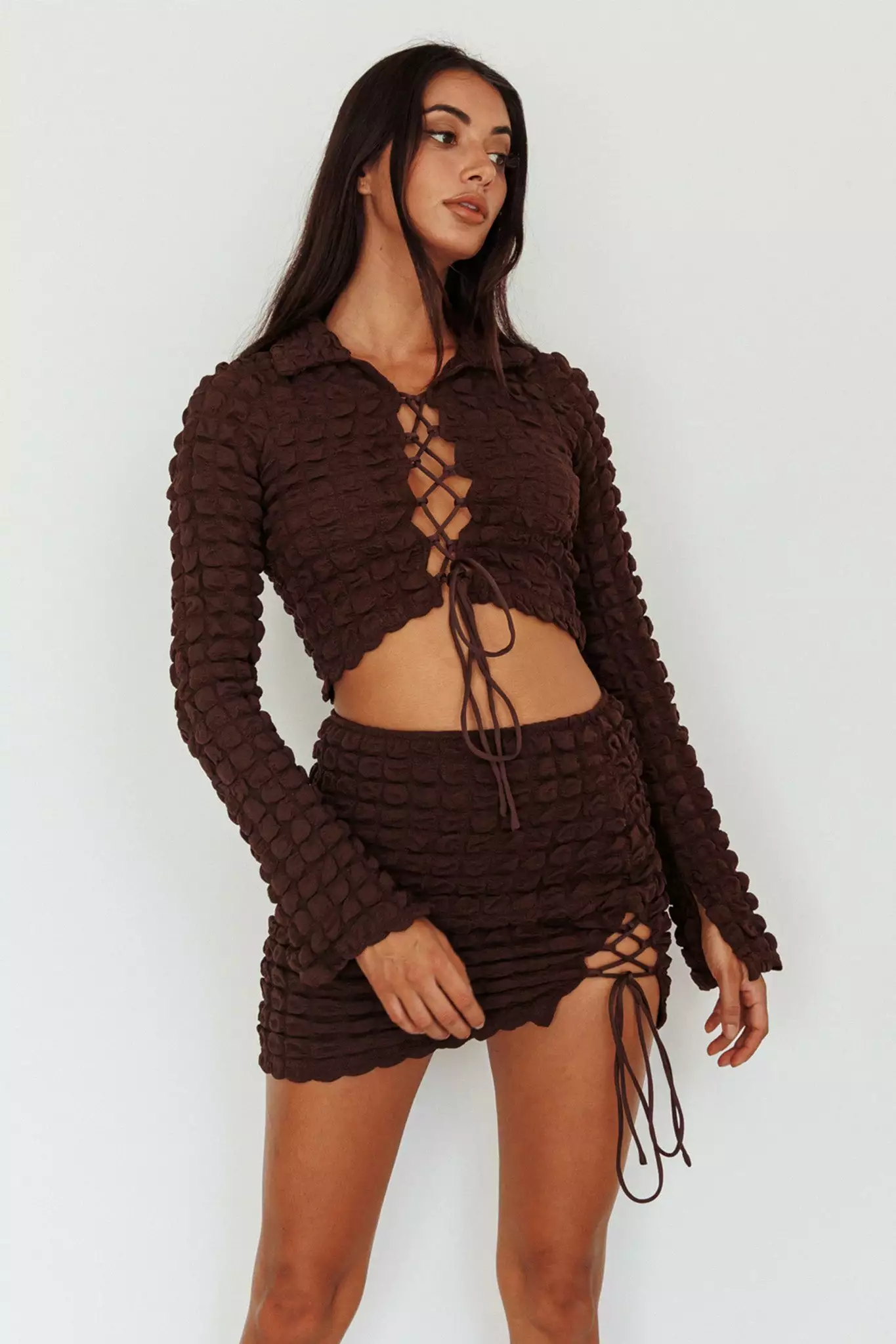 Selfie Leslie Josseline Long Sleeve Crop Top Chocolate - Image 8