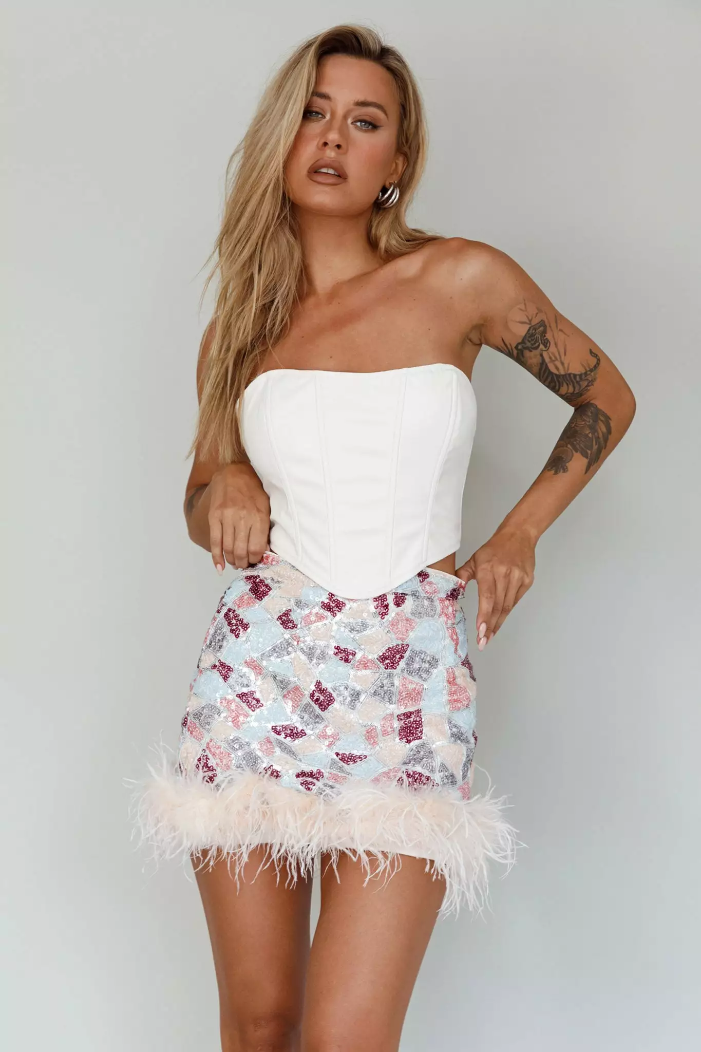 Selfie Leslie Sunset Boulevard Sequin Feather Mini Skirt Multi