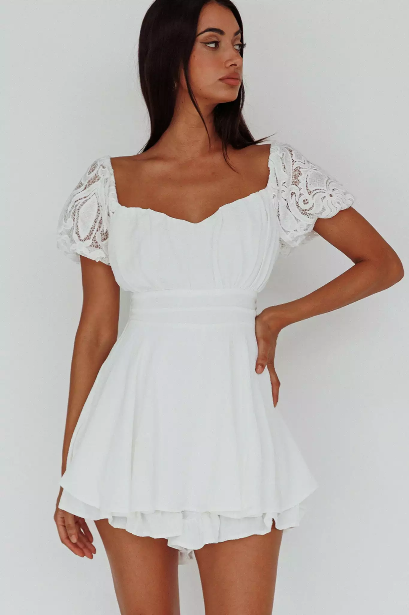 Selfie Leslie Lianah Lace Sleeve Tied Back Romper White