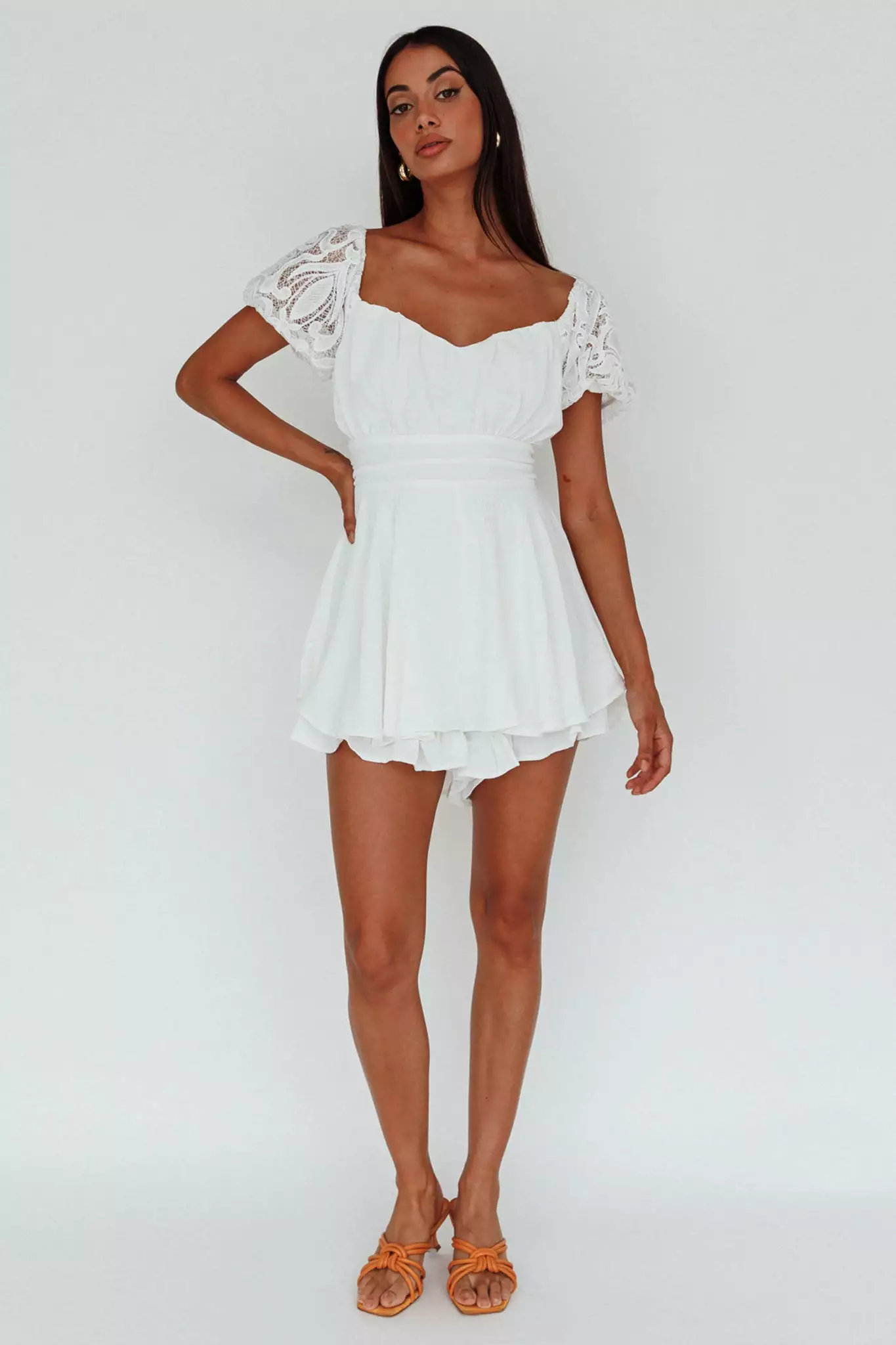 Selfie Leslie Lianah Lace Sleeve Tied Back Romper White - Image 3