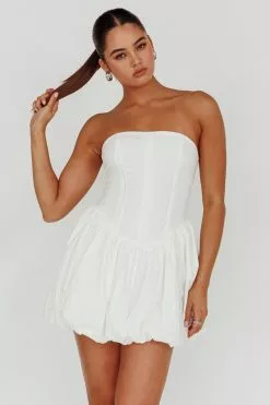 Selfie Leslie Monti Strapless Bubble Hem Mini Dress White