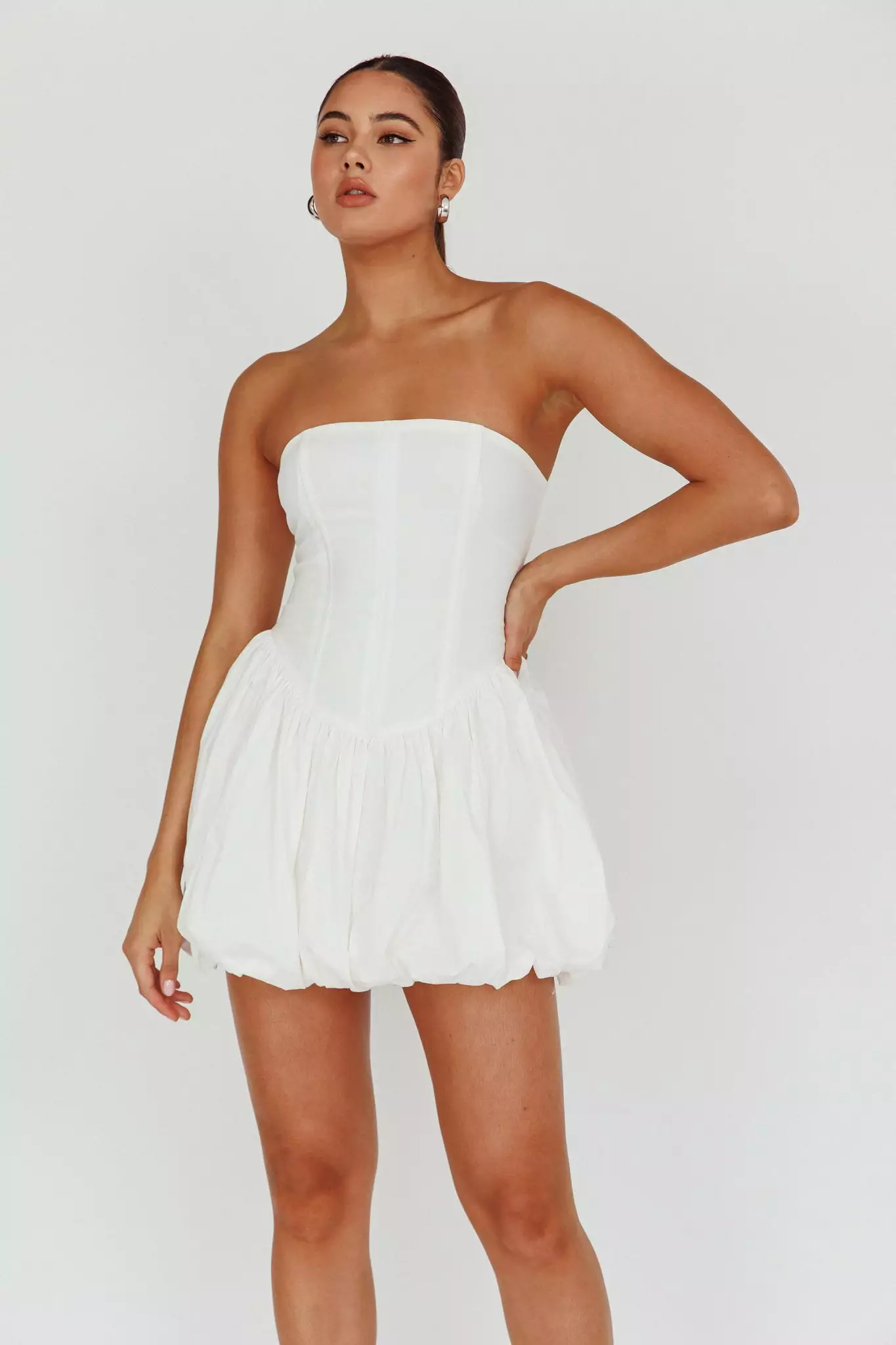 Selfie Leslie Monti Strapless Bubble Hem Mini Dress White - Image 5