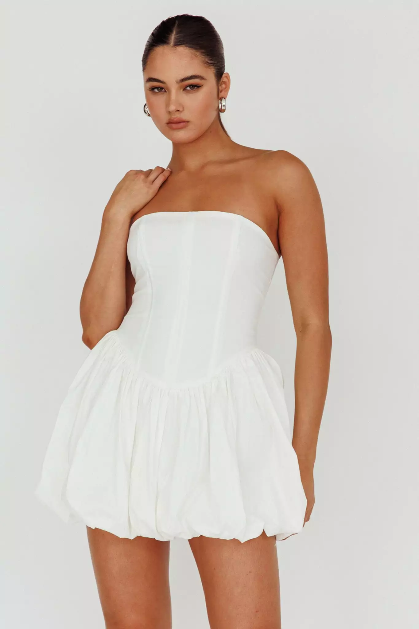 Selfie Leslie Monti Strapless Bubble Hem Mini Dress White - Image 6