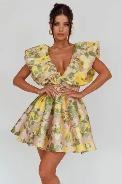 Selfie Leslie Bennet Puffed Neckline Mini Dress Floral Pink/Yellow