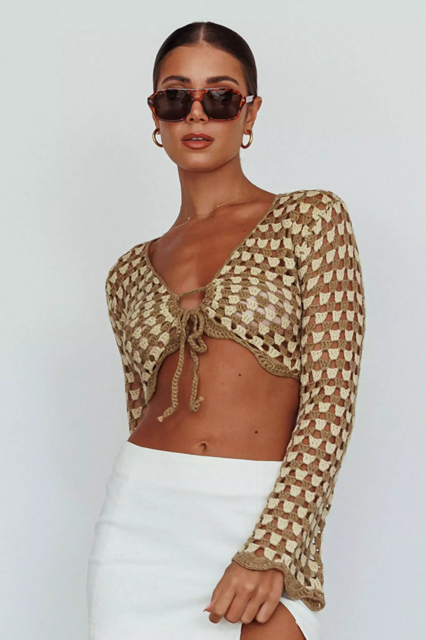 Selfie Leslie Maycie Long Sleeve Crochet Crop Top Taupe Multi