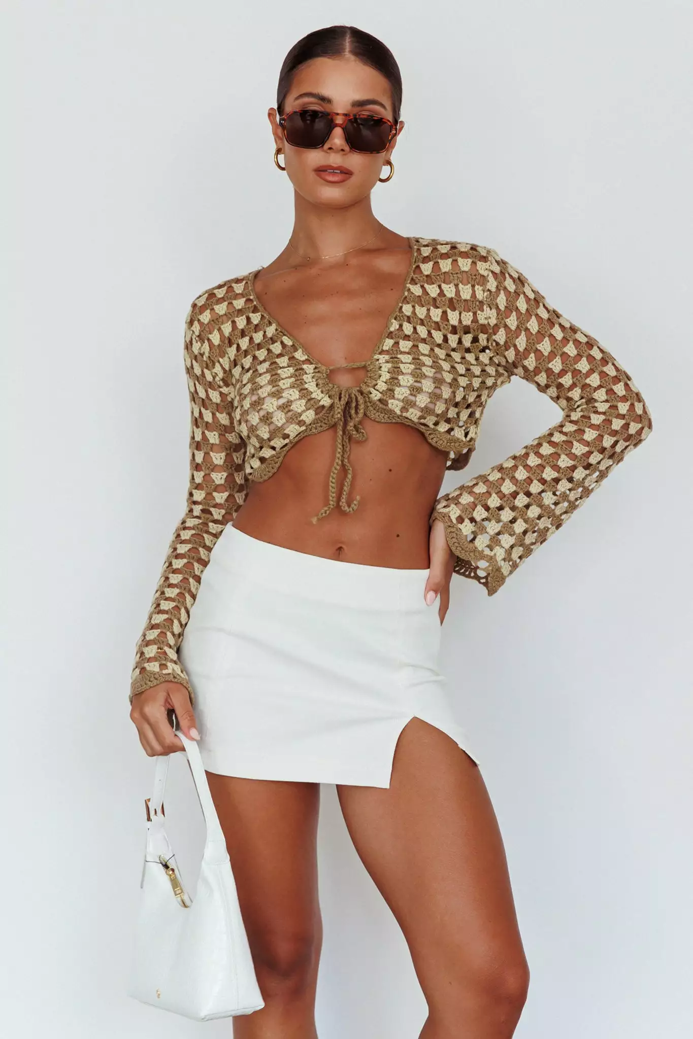 Selfie Leslie Maycie Long Sleeve Crochet Crop Top Taupe Multi - Image 3