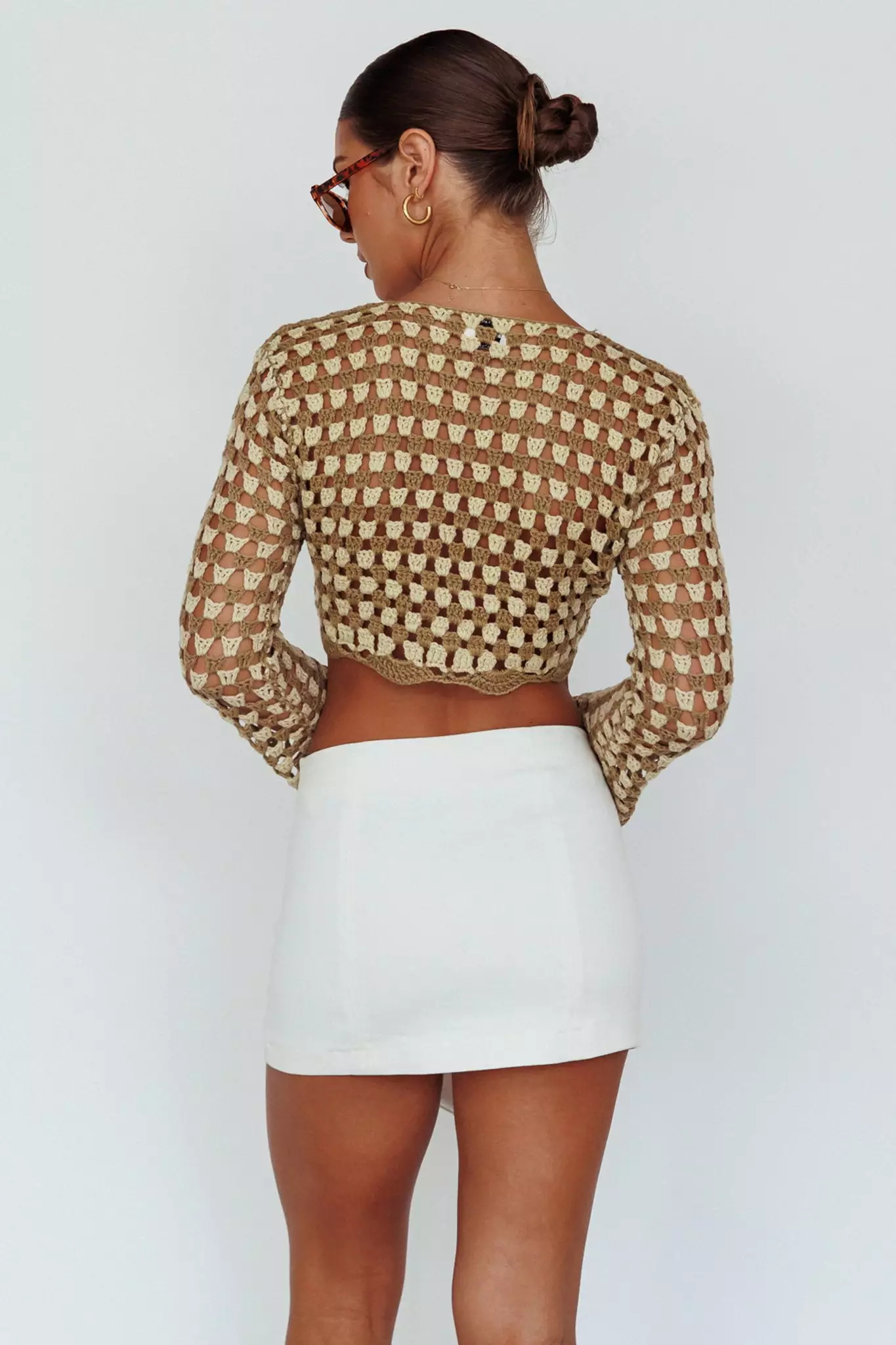 Selfie Leslie Maycie Long Sleeve Crochet Crop Top Taupe Multi - Image 2