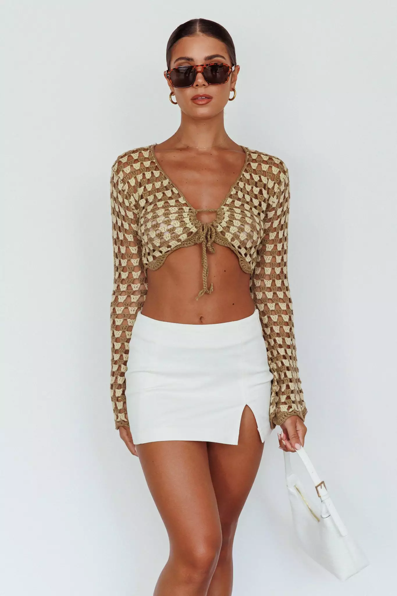 Selfie Leslie Maycie Long Sleeve Crochet Crop Top Taupe Multi - Image 5