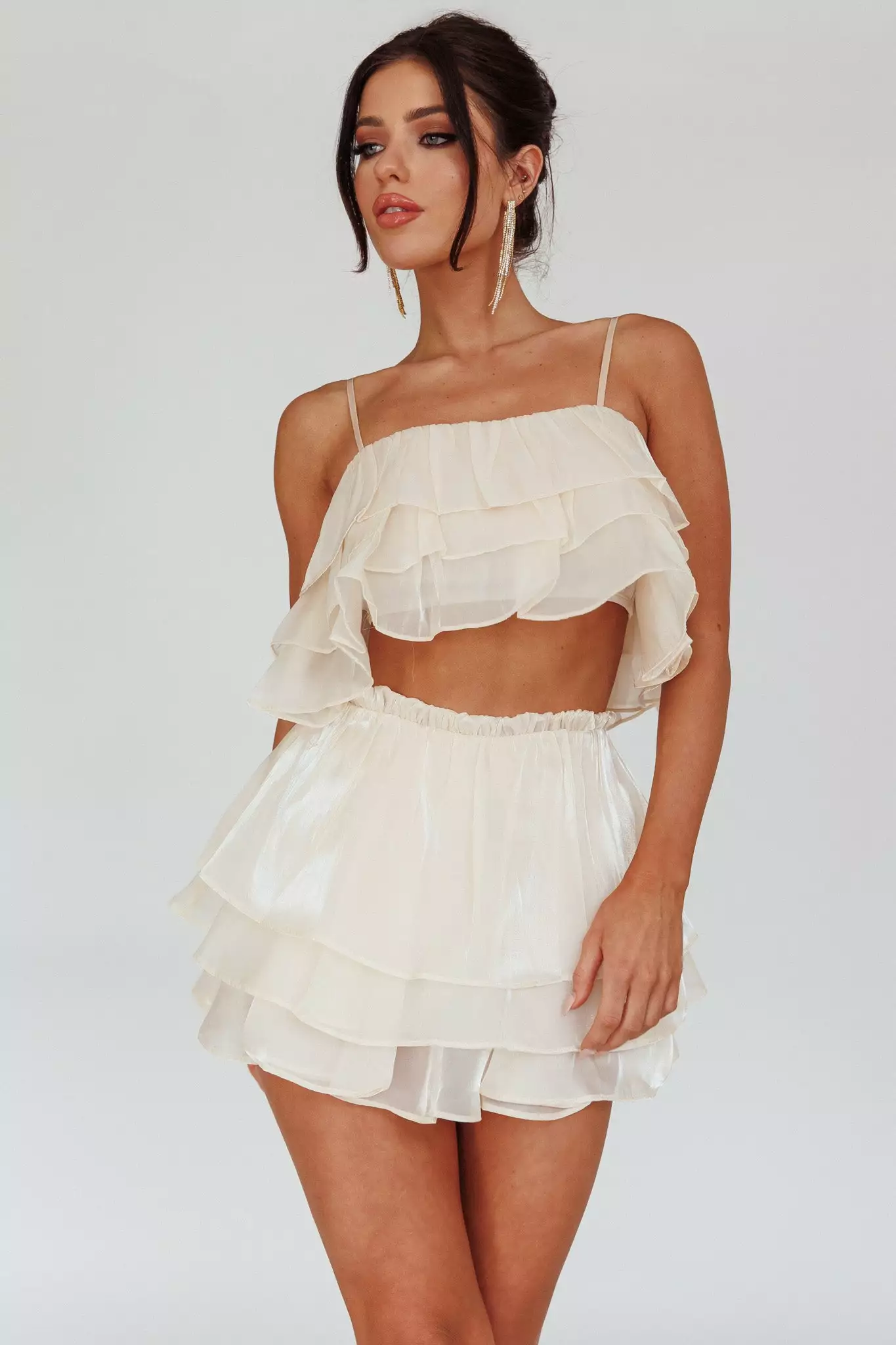 Selfie Leslie Easy To Love Layered Ruffle Crop Top Cream