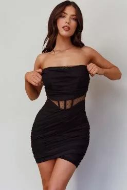 Selfie Leslie Charlee Ruched Mesh Dress Hail Spot Black