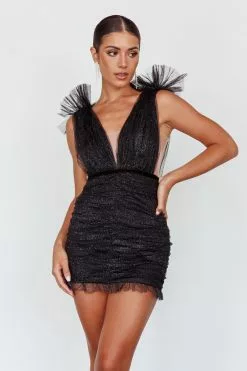 Selfie Leslie Ludivine Shoulder Accent Mesh Mini Dress Black Glitter