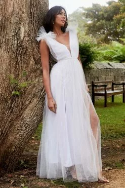 Selfie Leslie Ludivine Shoulder Accent Mesh Midi Dress Glitter White