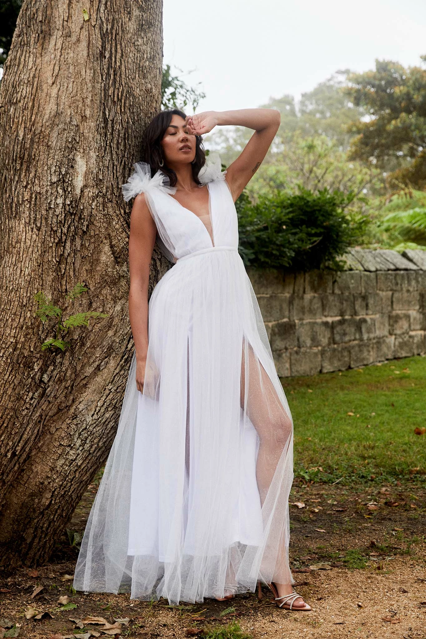 Selfie Leslie Ludivine Shoulder Accent Mesh Midi Dress Glitter White - Image 3