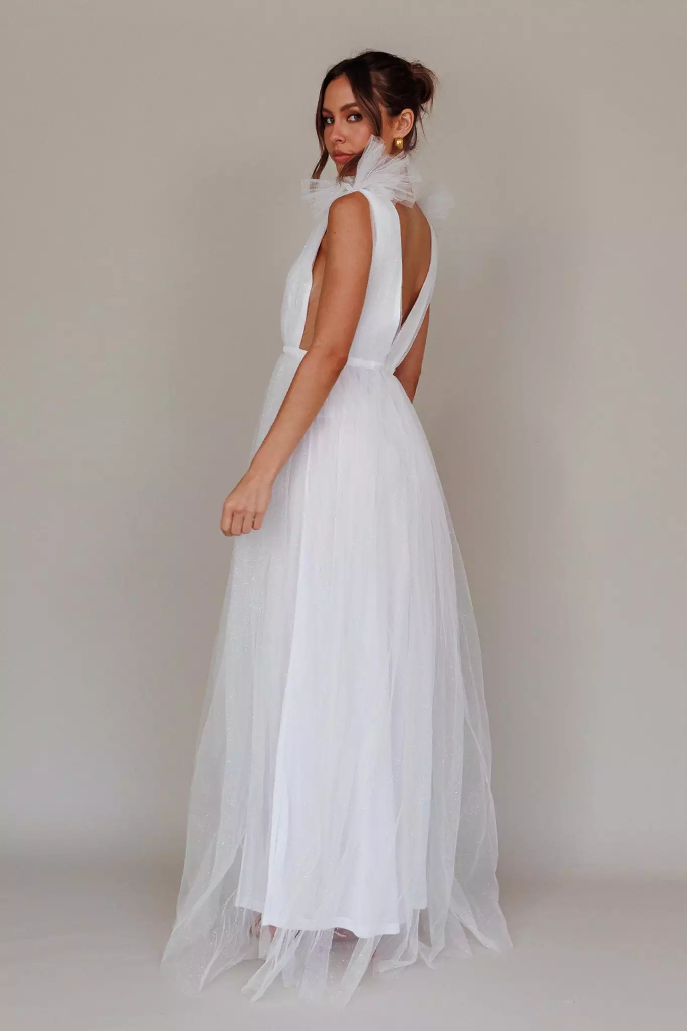 Selfie Leslie Ludivine Shoulder Accent Mesh Midi Dress Glitter White - Image 2