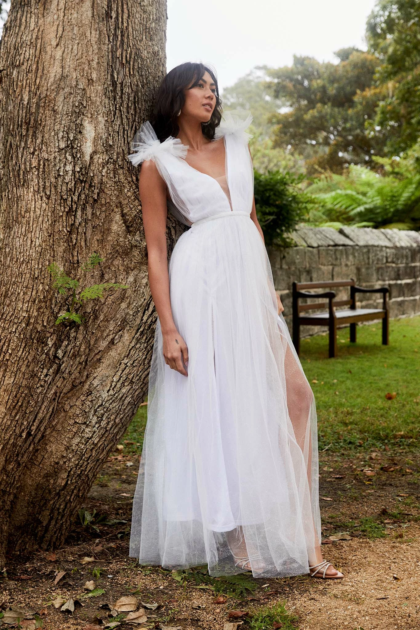 Selfie Leslie Ludivine Shoulder Accent Mesh Midi Dress Glitter White - Image 9