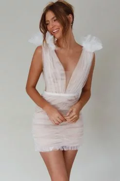 Selfie Leslie Ludivine Shoulder Accent Mesh Mini Dress White