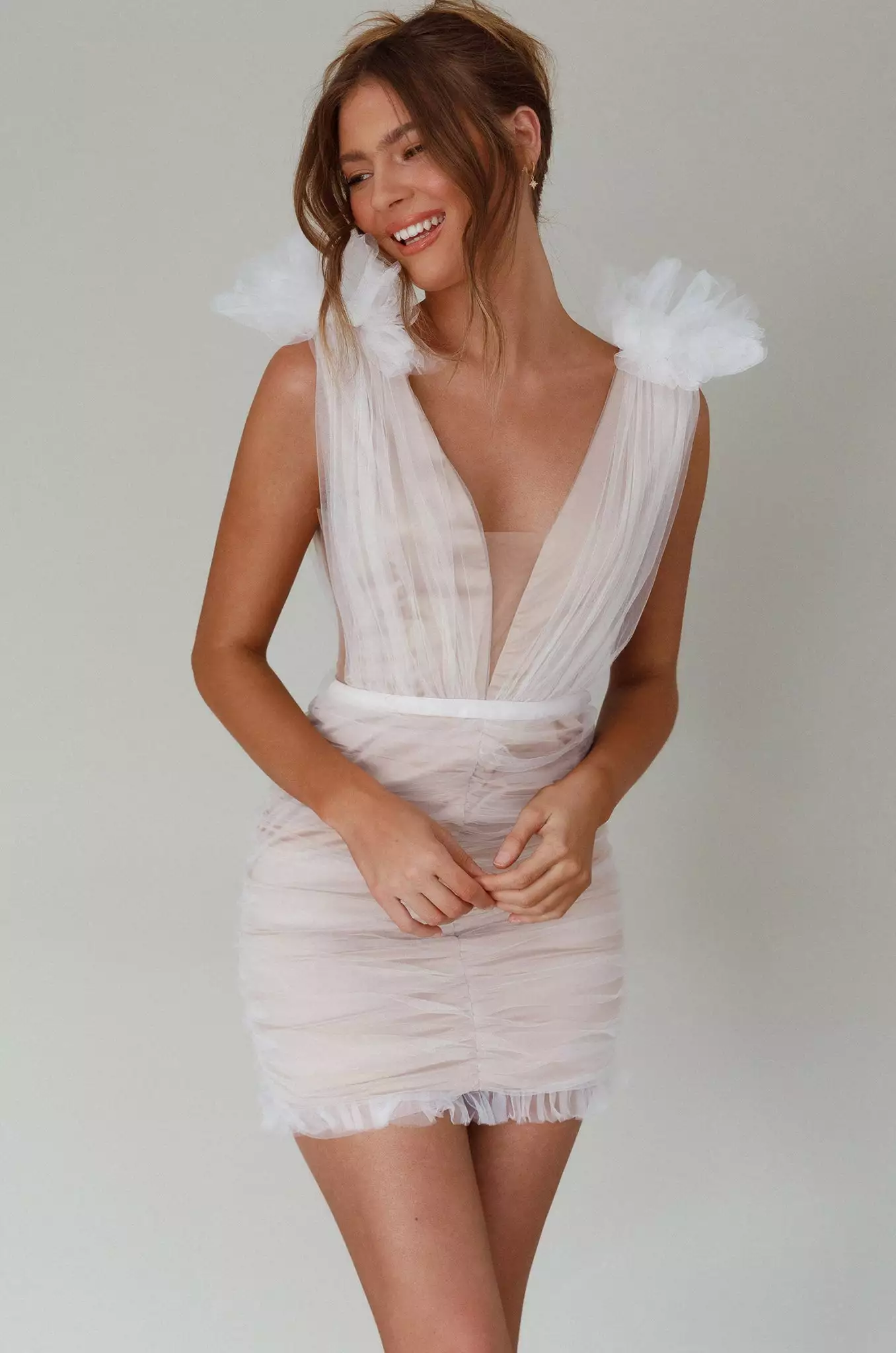 Selfie Leslie Ludivine Shoulder Accent Mesh Mini Dress White