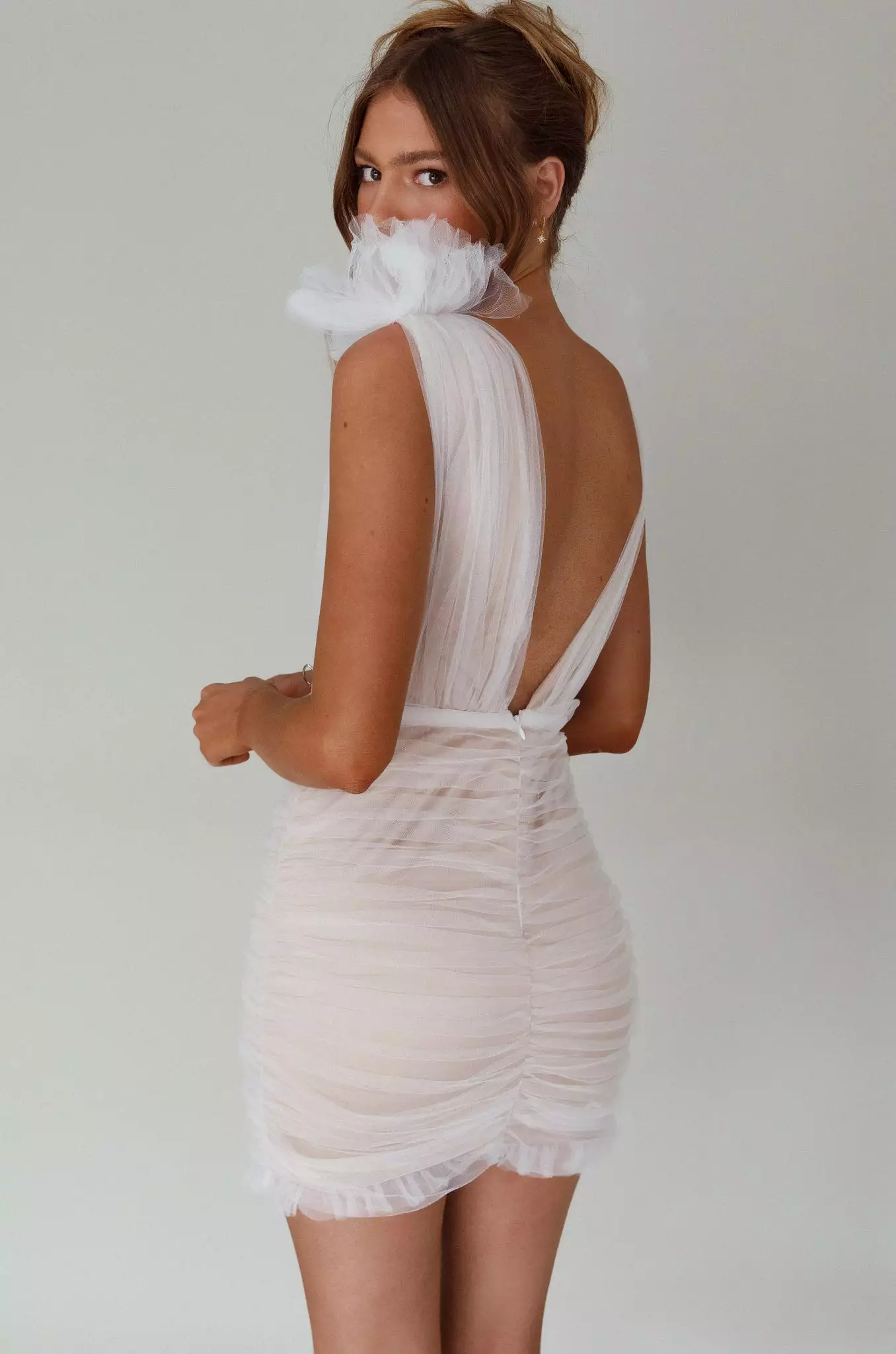 Selfie Leslie Ludivine Shoulder Accent Mesh Mini Dress White - Image 2