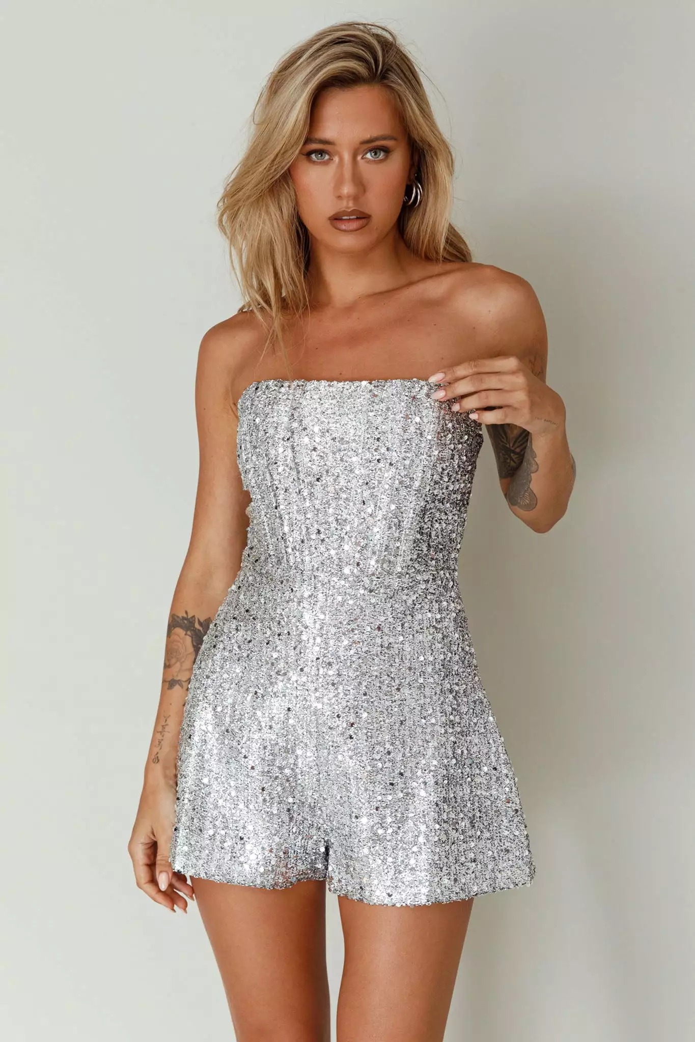 Selfie Leslie Vivid Dreams Strapless Sequin Romper Silver