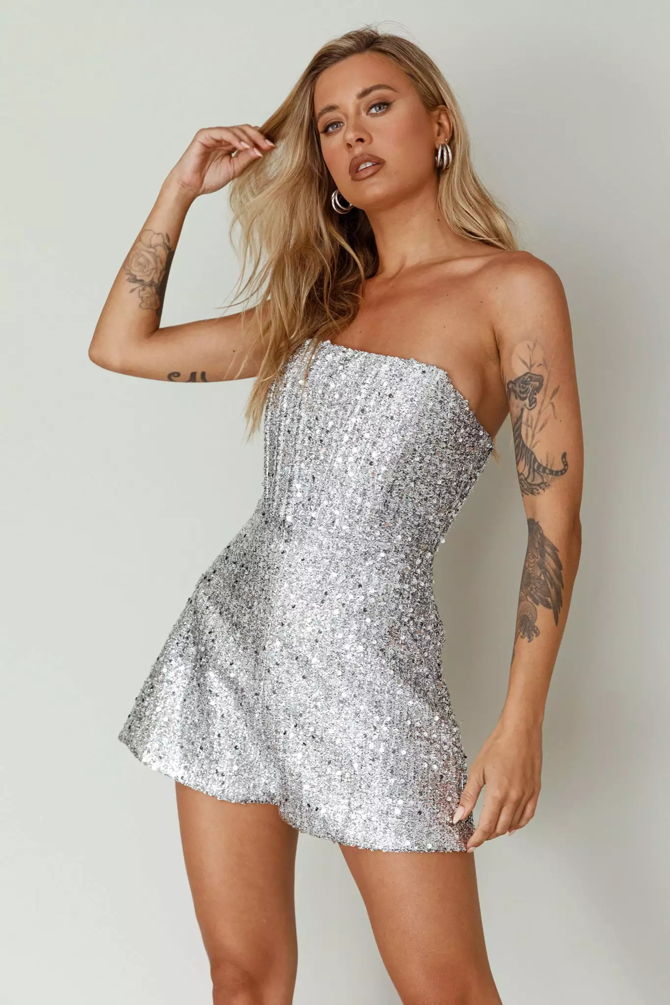 Selfie Leslie Vivid Dreams Strapless Sequin Romper Silver - Image 4