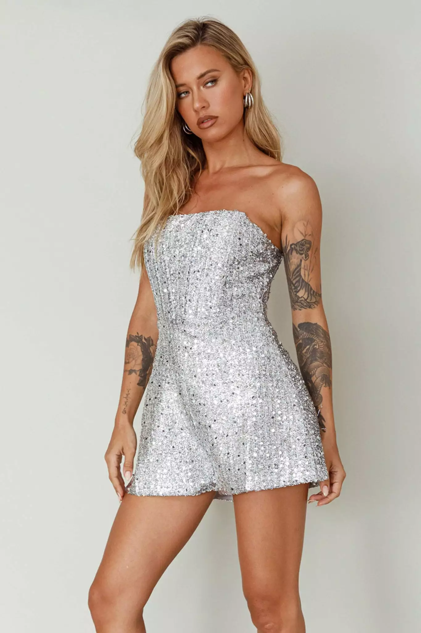 Selfie Leslie Vivid Dreams Strapless Sequin Romper Silver - Image 6