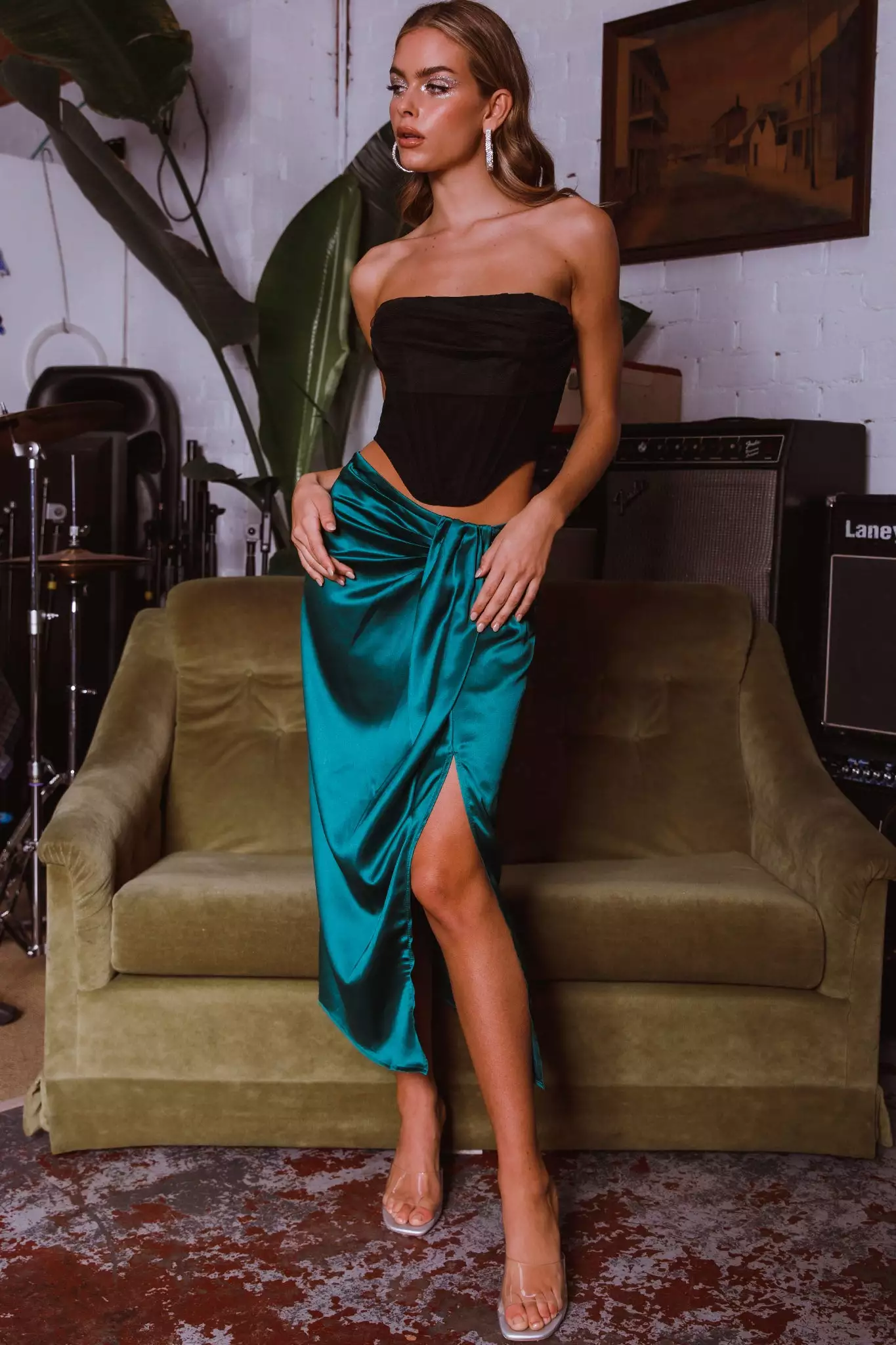 Selfie Leslie On The Money Gathered Midi Skirt Green