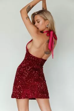 Selfie Leslie Star Lights Halterneck Mini Dress Sequin Merlot