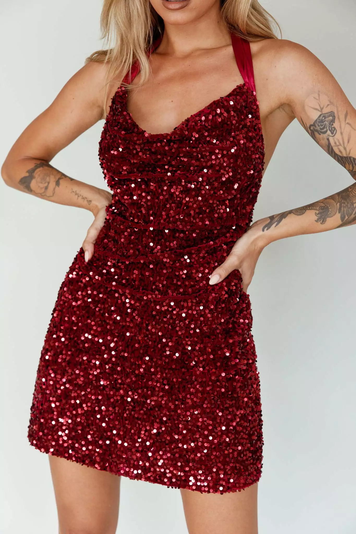 Selfie Leslie Star Lights Halterneck Mini Dress Sequin Merlot - Image 4