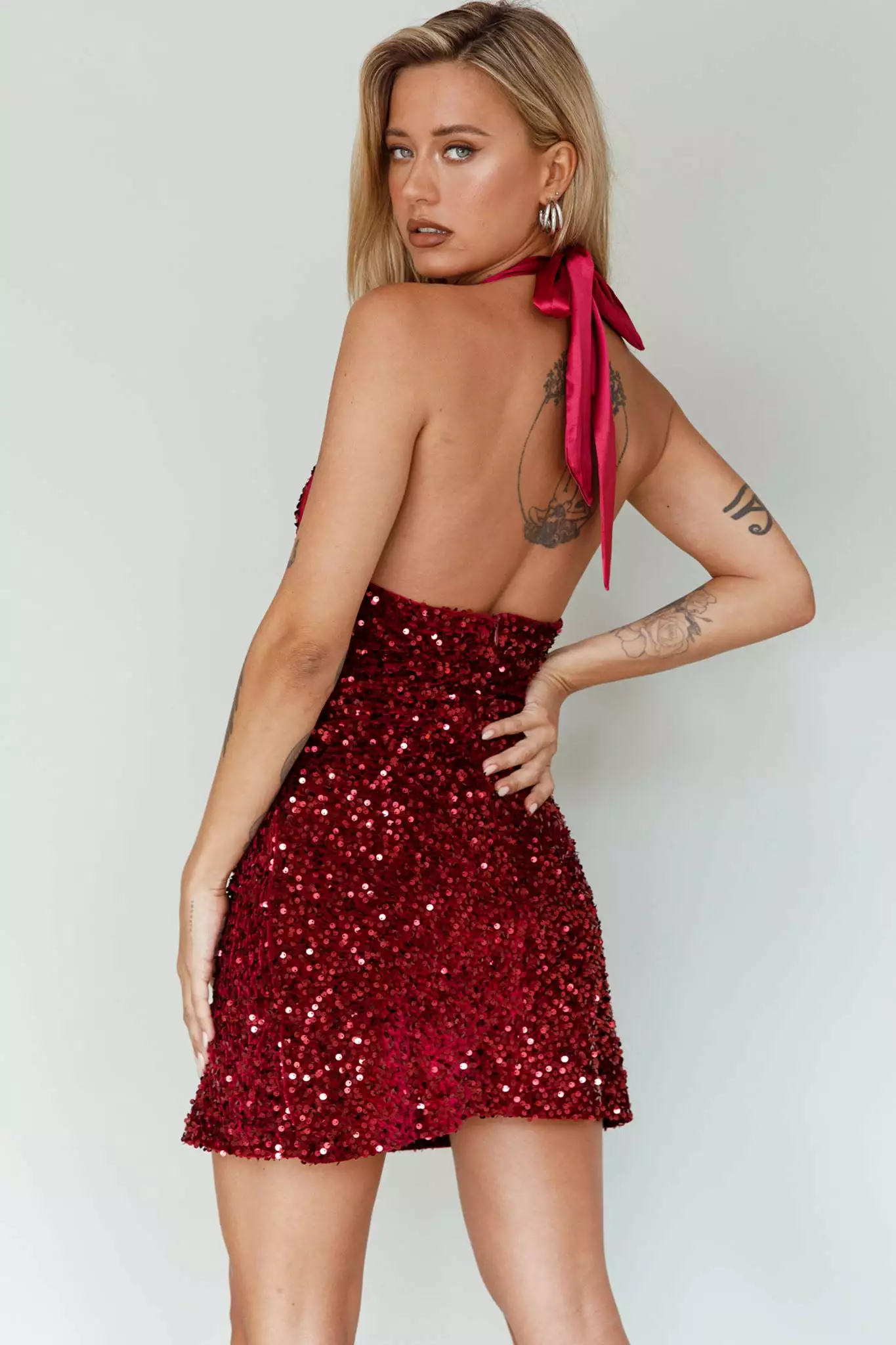 Selfie Leslie Star Lights Halterneck Mini Dress Sequin Merlot - Image 7