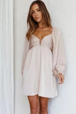Selfie Leslie Tansy Long Sleeve Babydoll Dress Beige
