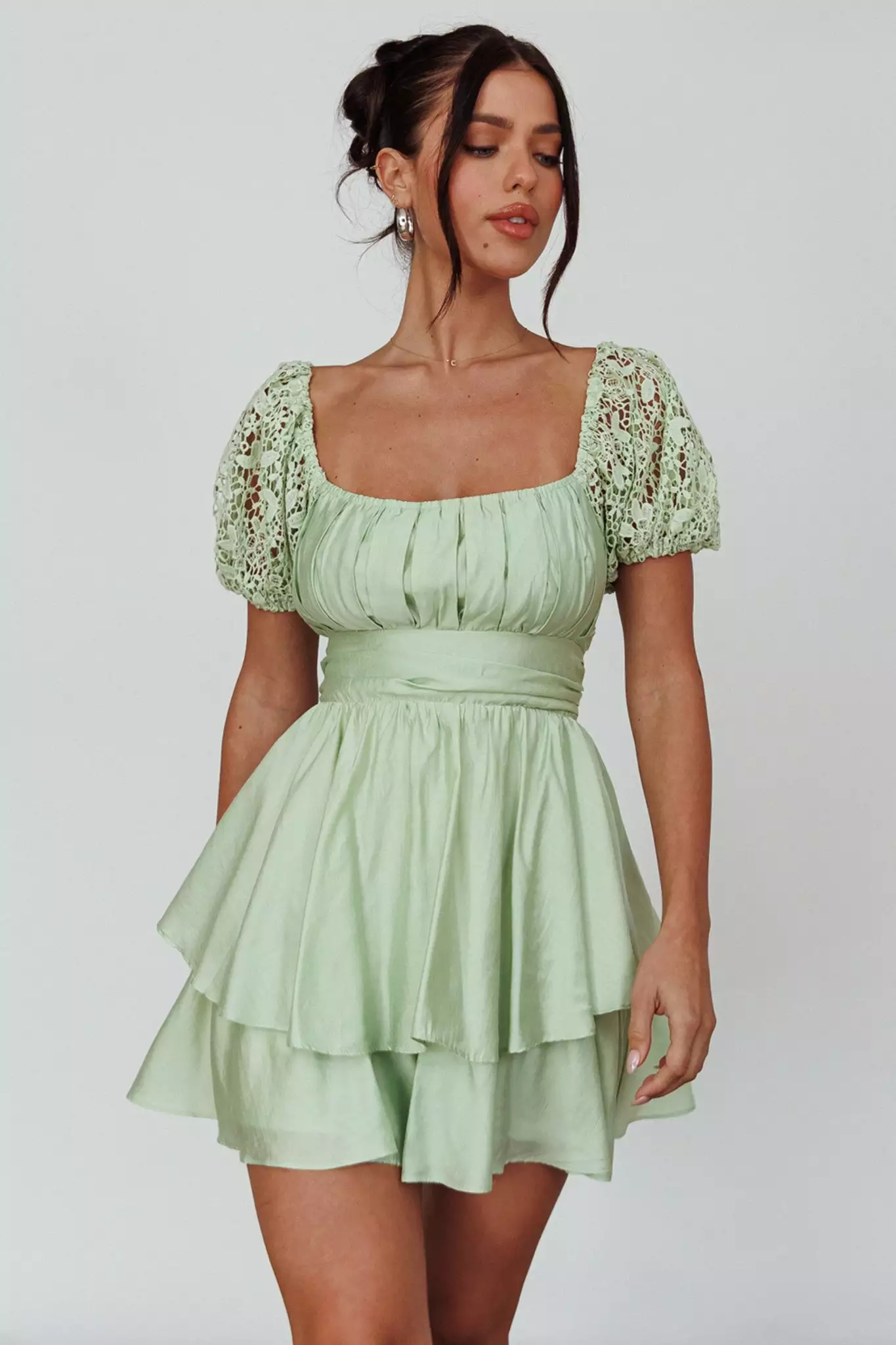 Selfie Leslie Hold My Halo Lace Sleeve Romper Sage