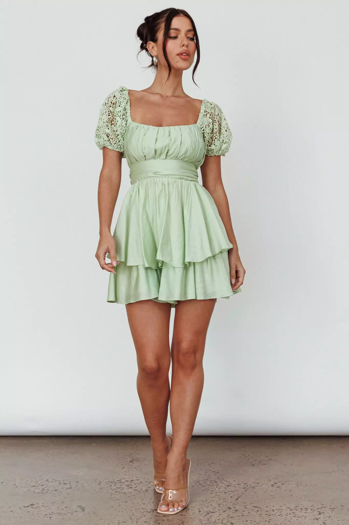 Selfie Leslie Hold My Halo Lace Sleeve Romper Sage - Image 3