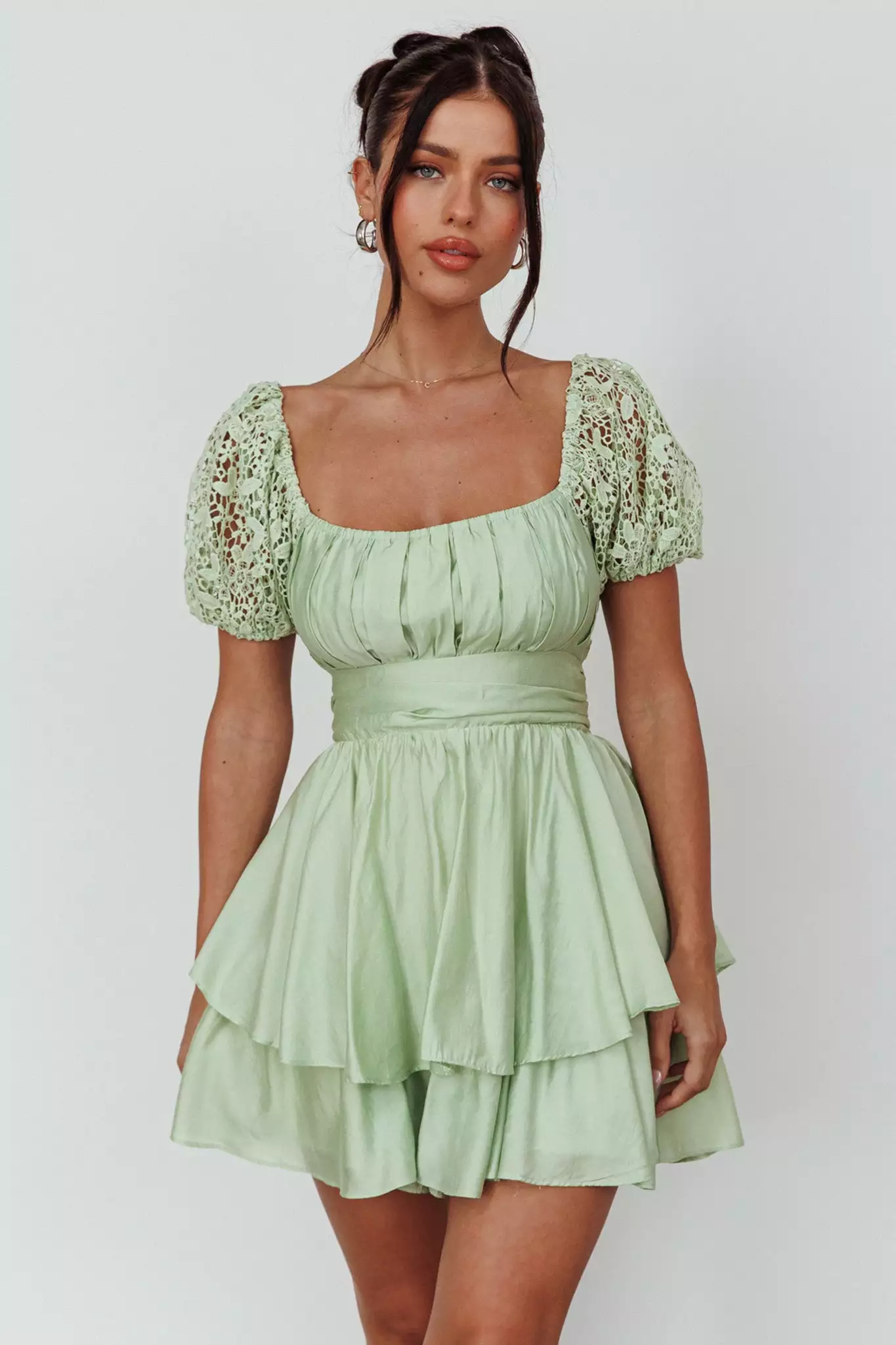 Selfie Leslie Hold My Halo Lace Sleeve Romper Sage - Image 5