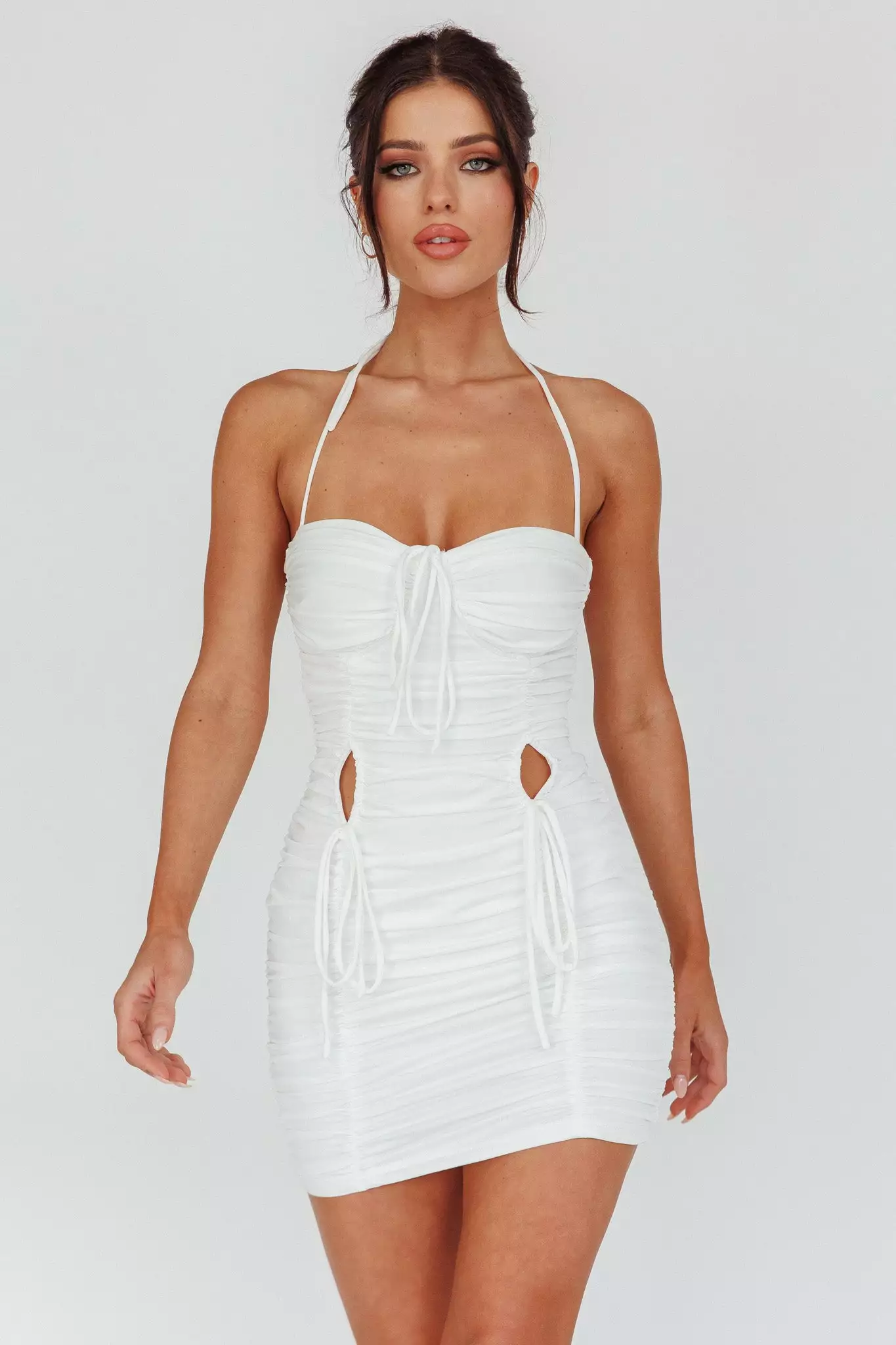 Selfie Leslie Harli Ruched Drawstring Keyhole Mini Dress White - Image 5