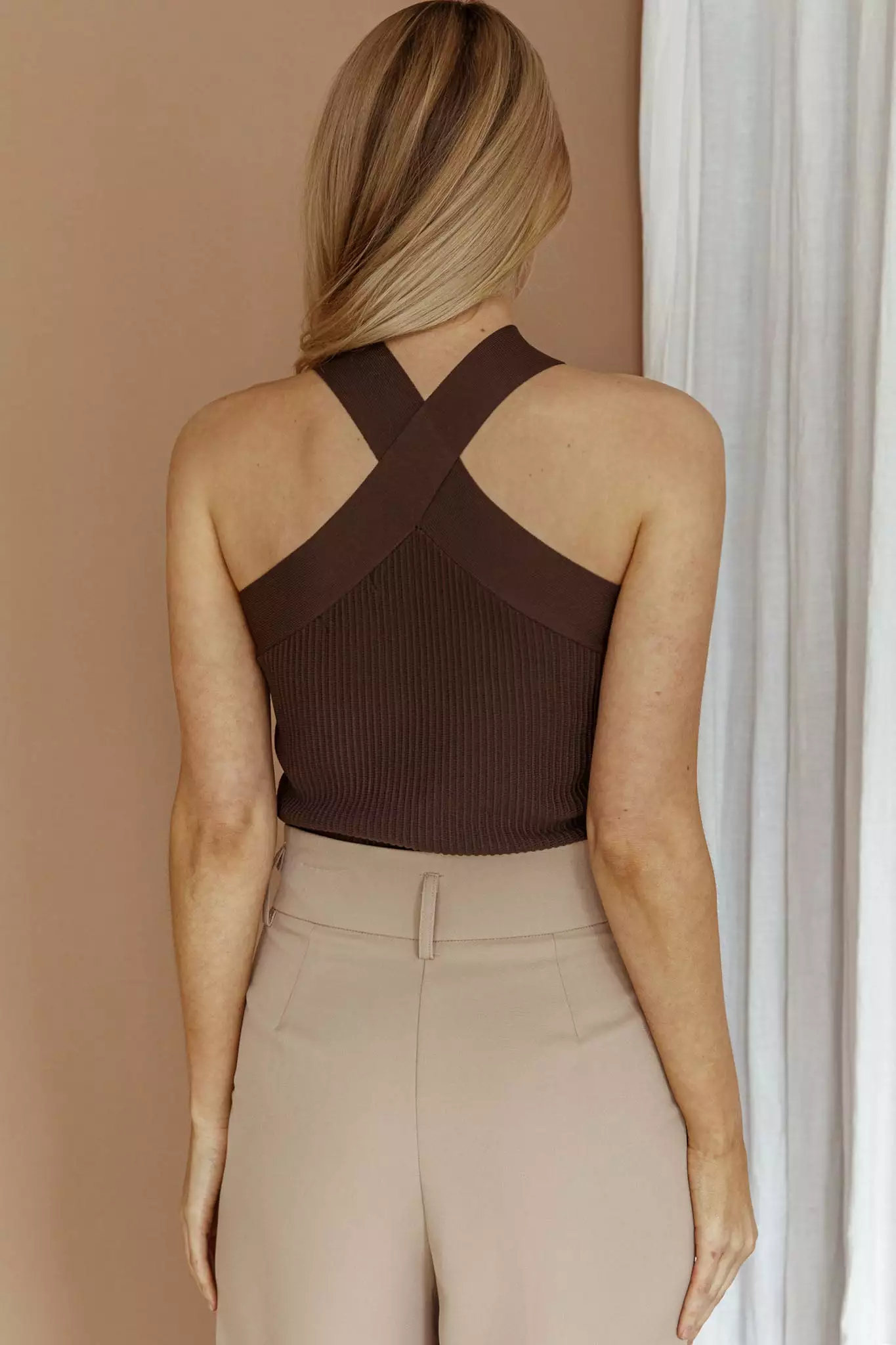 Selfie Leslie Kansas Crossover Neck Knit Top Brown - Image 4