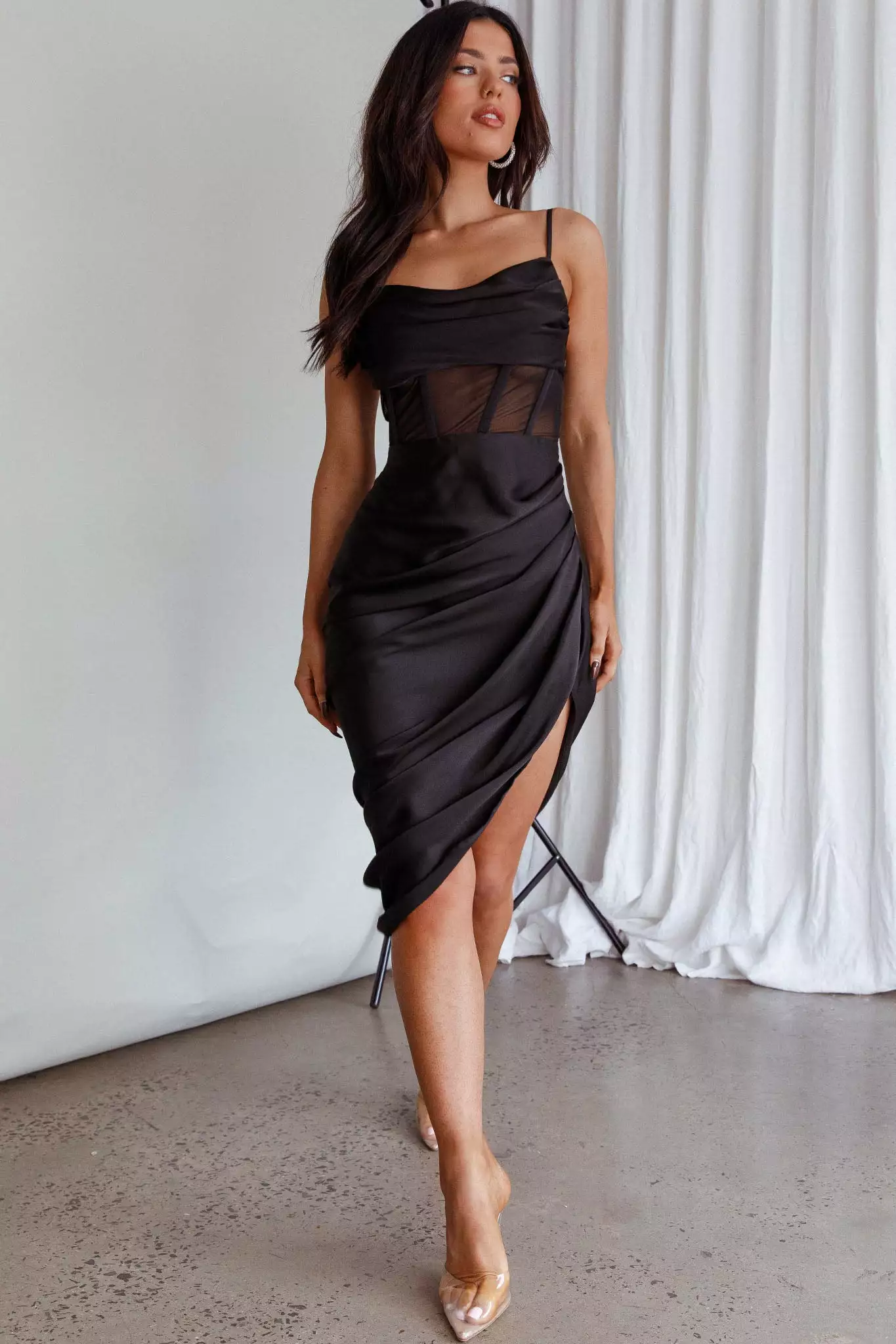 Selfie Leslie Lyra Sheer Bodice Midi Dress Black - Image 6