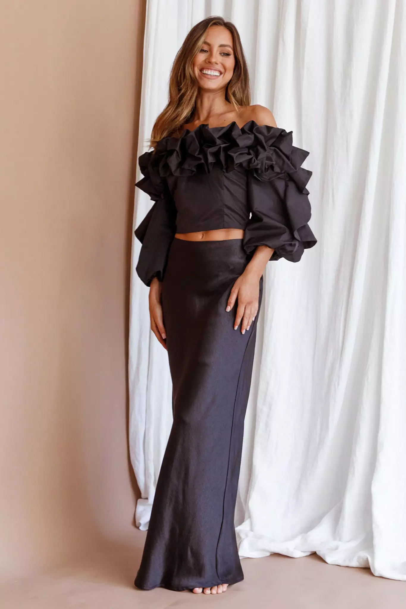 Midnight Mirage Puff Ruffle Crop Top Black - Image 3