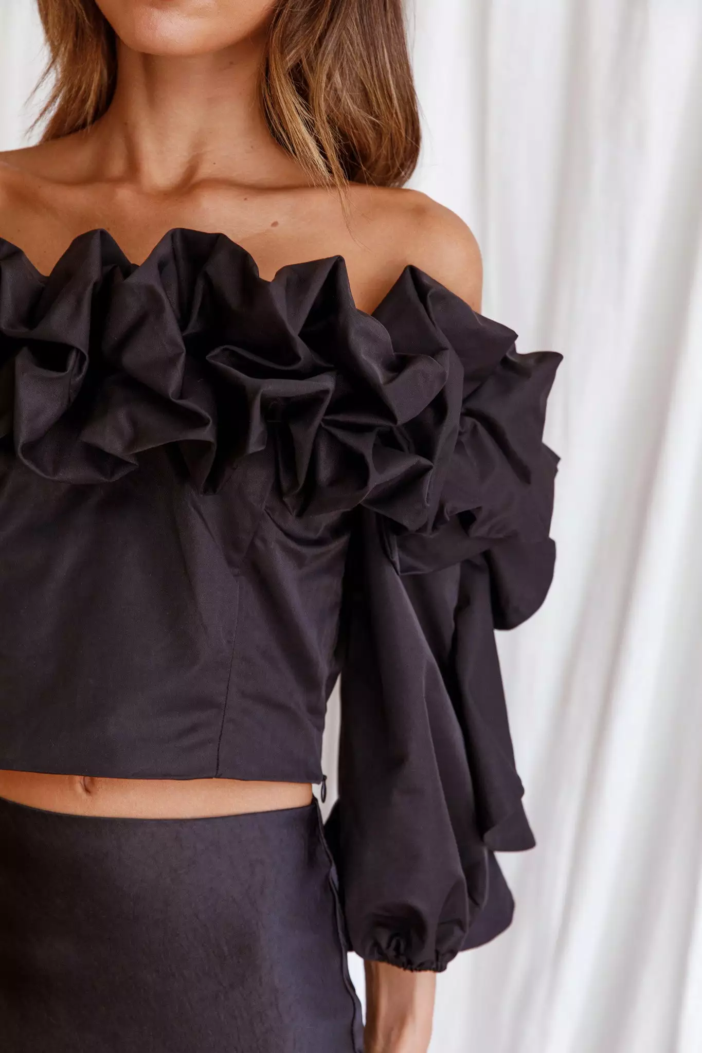 Midnight Mirage Puff Ruffle Crop Top Black - Image 4