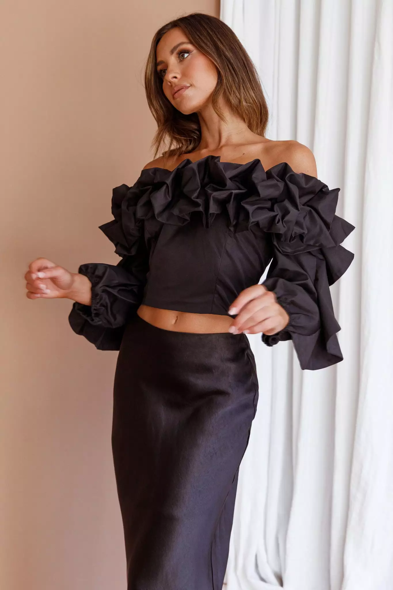 Midnight Mirage Puff Ruffle Crop Top Black - Image 5