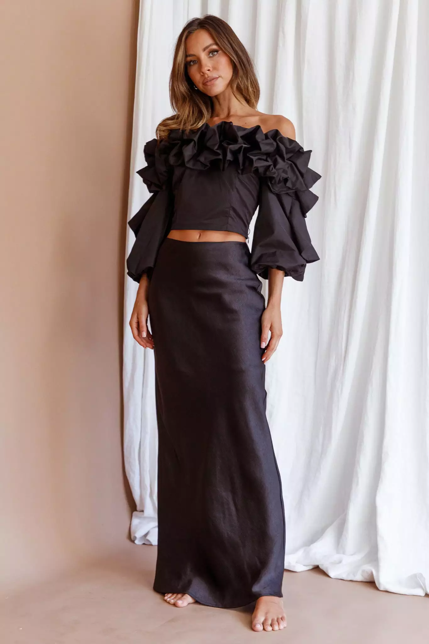 Midnight Mirage Puff Ruffle Crop Top Black - Image 6