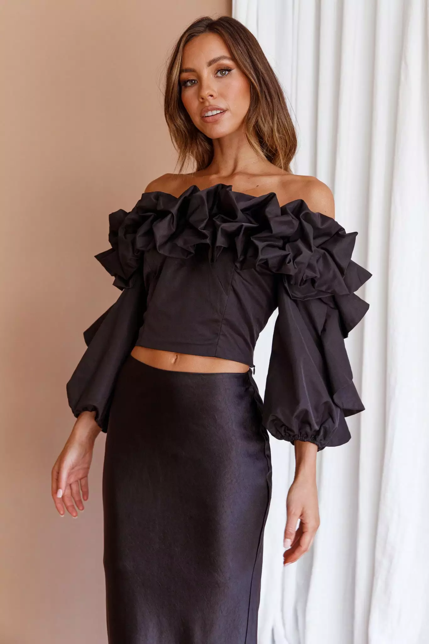 Midnight Mirage Puff Ruffle Crop Top Black - Image 7