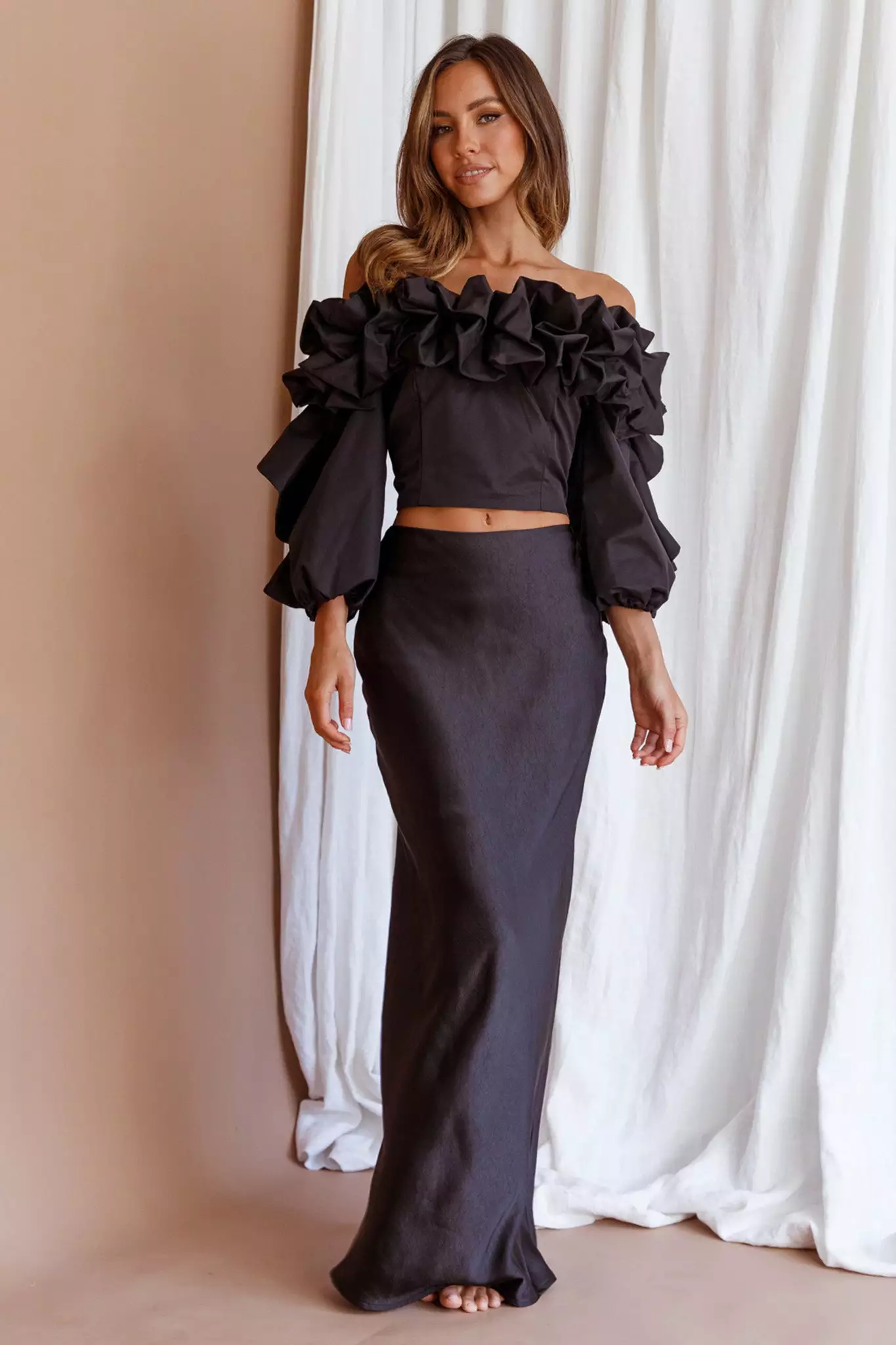 Midnight Mirage Puff Ruffle Crop Top Black - Image 8