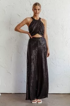 Selfie Leslie Anything Goes Wide Leg Metallic Pants Black