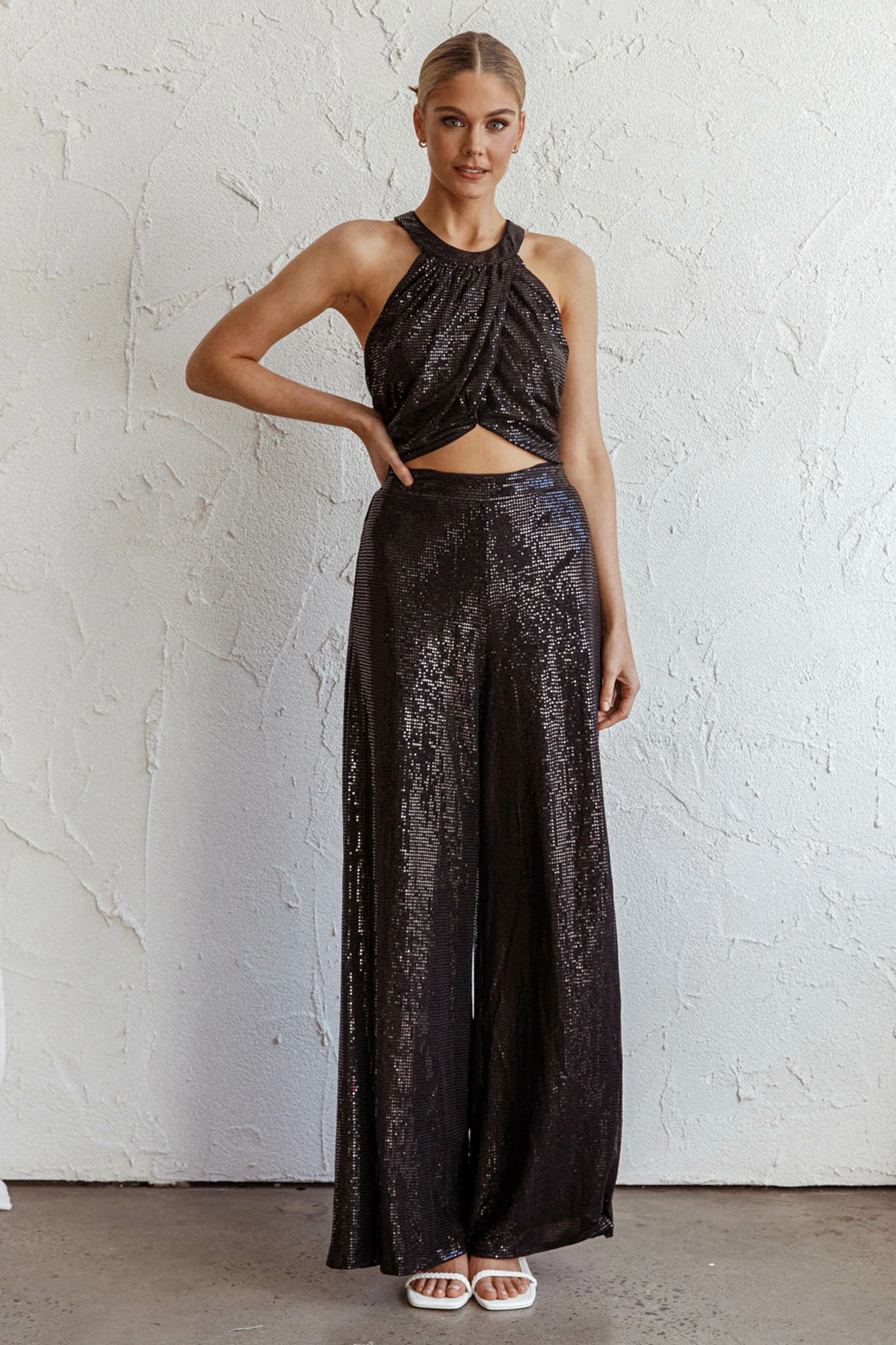 Selfie Leslie Anything Goes Wide Leg Metallic Pants Black