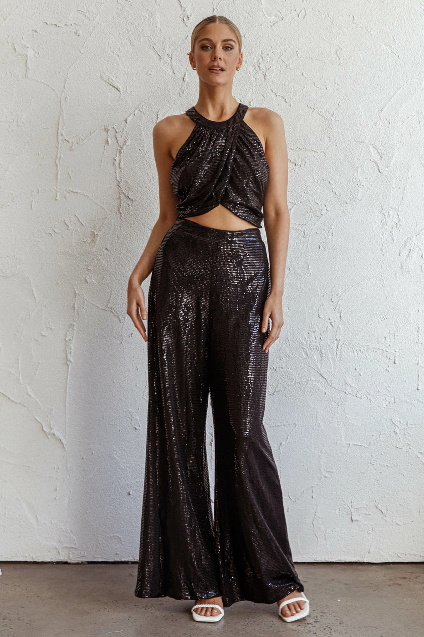 Selfie Leslie Anything Goes Wide Leg Metallic Pants Black - Image 3
