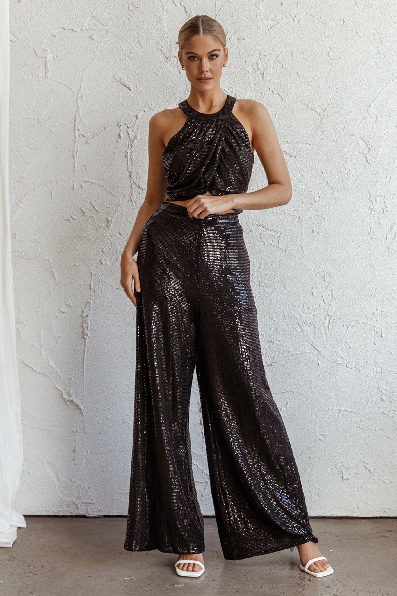 Selfie Leslie Anything Goes Wide Leg Metallic Pants Black - Image 5