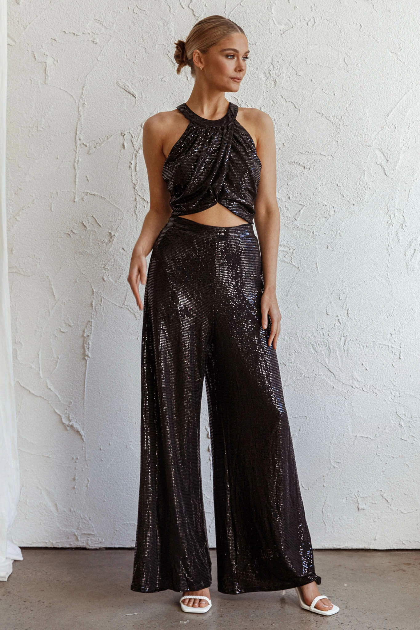Selfie Leslie Anything Goes Wide Leg Metallic Pants Black - Image 6